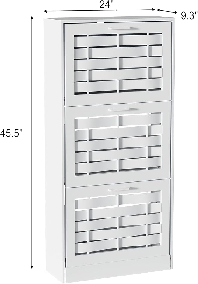 White Shoe Cabinet Storage with 3 Flip Drawers for Entryway, Slim Shoe Rack Cabinet with Woven Design Drawers, Narrow Shoe Organizer for Hallway, Apartment