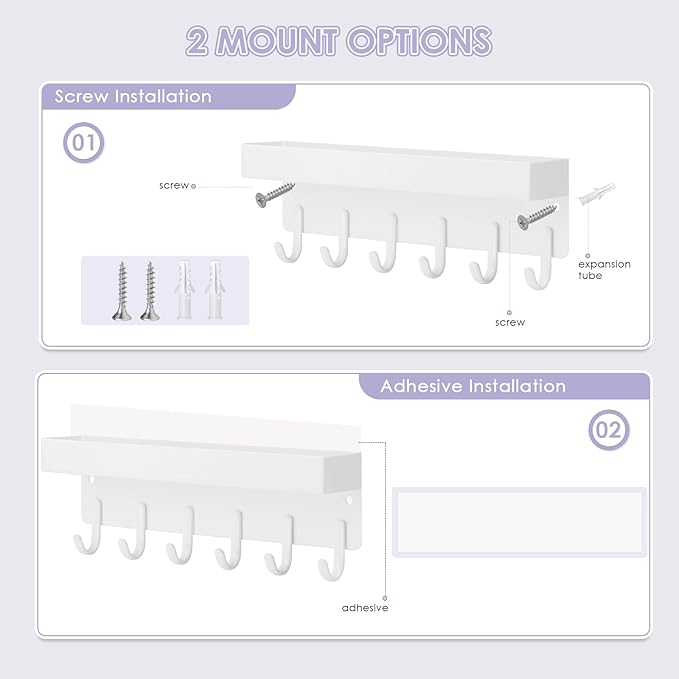 VIS'V Key Holder Wall Mount, Adhesive Key Rack with Tray, 6 Hooks, White | 2 Mount Options, Compact Discreet Design, Suitable for Entryway, Hallway, Doorway, Kitchen, Garage, Camper