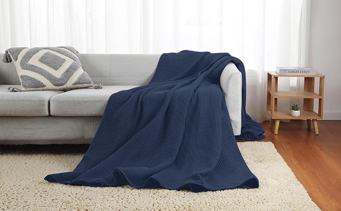 100% Cotton Waffle Blanket (Navy Blue - King Size - 104 * 90''), Pre-Washed and Anti-Shrinkage Soft Lightweight Bed & Couch Blanket, 380 GSM Waffle Weave Throw Blanket for All Seasons