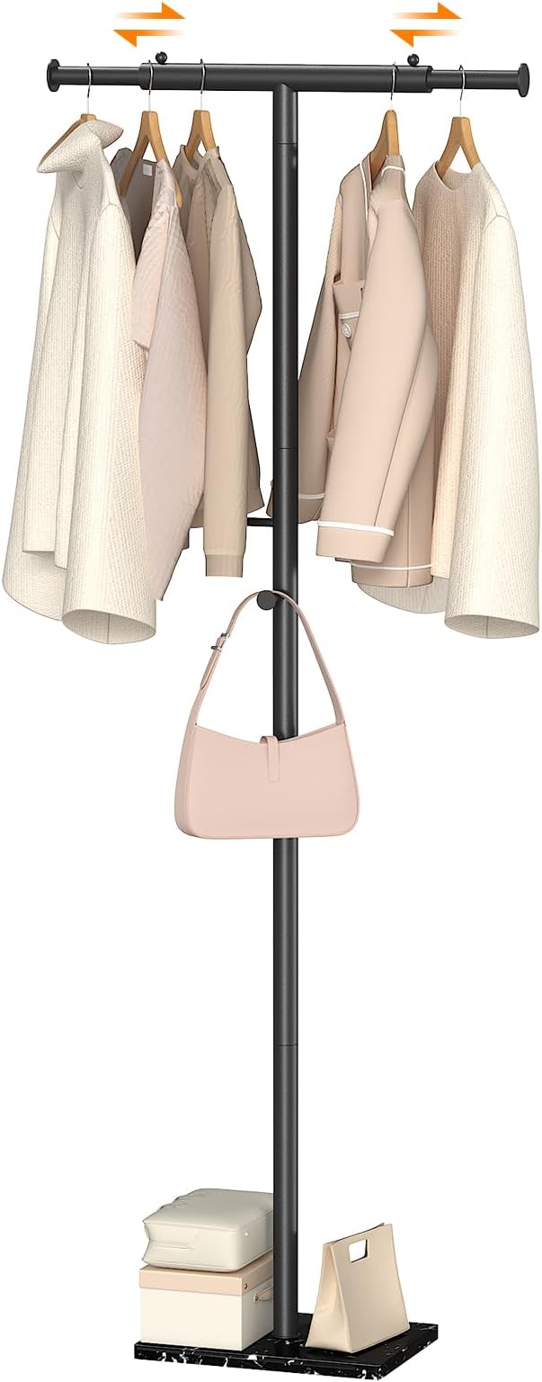 ELYKEN Coat Rack Freestanding with Natural Marble Base, Width Adjustable T-shaped Metal Coat Tree with 2 Hooks, Modern Coat Rack Stand for Jacket, Clothes & Bag, Hall Tree for Entryway, Bedroom, Black