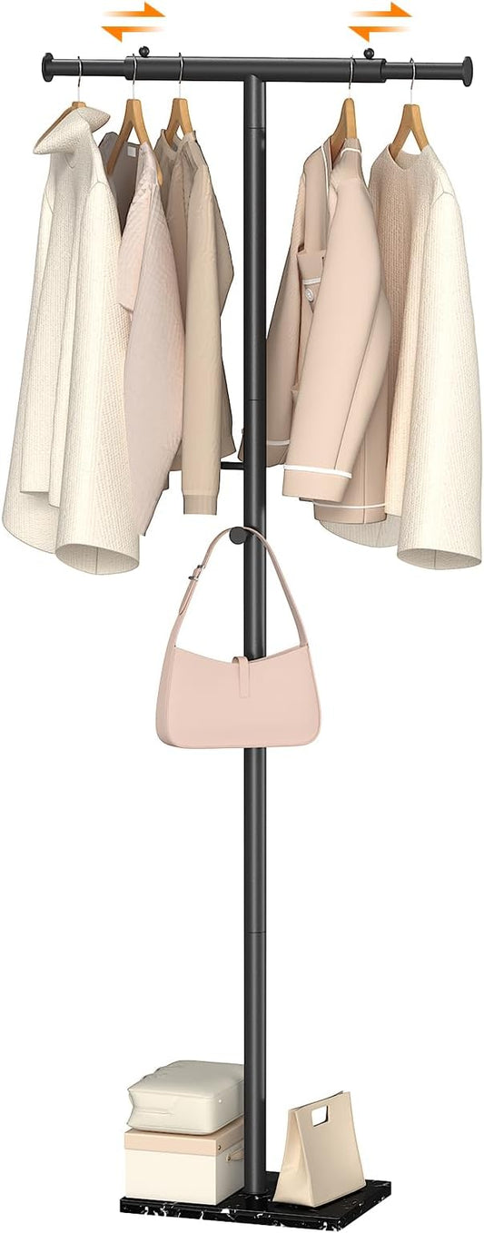 ELYKEN Coat Rack Freestanding with Natural Marble Base, Width Adjustable T-shaped Metal Coat Tree with 2 Hooks, Modern Coat Rack Stand for Jacket, Clothes & Bag, Hall Tree for Entryway, Bedroom, Black