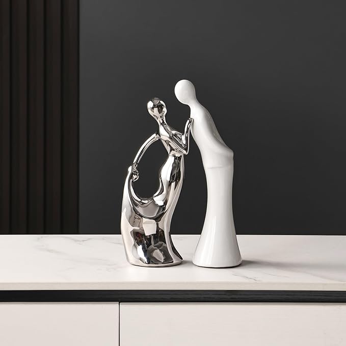 Ceramic Couple Statues Home Decor Lover Sculpture Figurine, Modern Aesthetic Abstract Art Decorative Accent Dining Table Decorations for Living Room Bedroom Bookshelf Table Office (White and Silver)