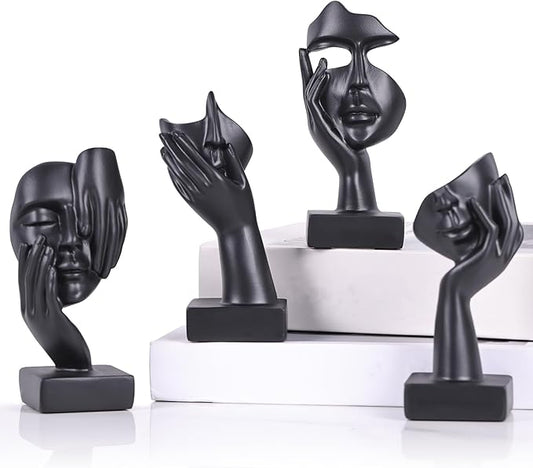 4 PCS Black Thinker Statue Set – Abstract Sculptures Home Decor for Bookshelf, Office, TV Stand Knick Knacks – See No Evil, Hear No Evil, Speak No Evil Figurines, Unique Gift for Women