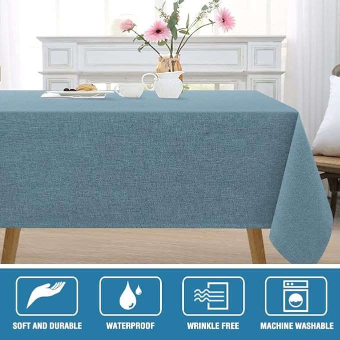 H.VERSAILTEX Linen Textured Tablecloth 54 x 80 Waterproof Decorative Table Cloth Spill-Proof Linen Look Cover for Party Table Extra Soft and Thick Fabric Wrinkle Free, Heather Stone Blue