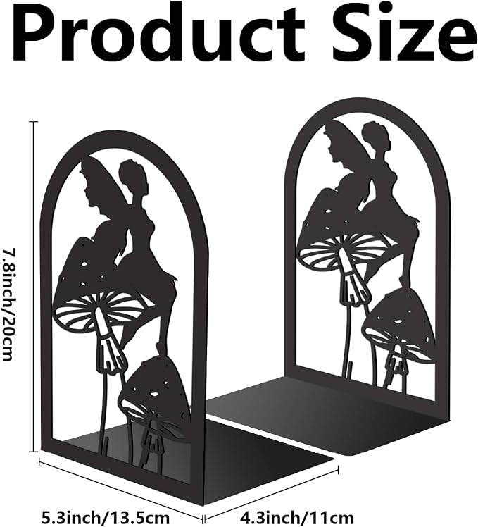 CRASPIRE 1 Pair 5.3x4.3x7.8 Metal Bookends for Shelves Heavy Duty Study Non-Skid Desk Black Fairy Mushroom Decorative Tall Bookend Holder Stand for Creative Organizer Support Christmas Birthday Gifts