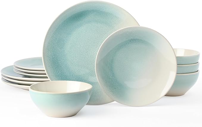 Famiware Glacier Stoneware Dinnerware Sets, 12-Piece Plates and Bowls Set for 4, Reactive Glaze Dishes, Everyday & Formal Use, Dishwasher/Microwave Safe, Chip/Scratch Resistant, Two-Color Glazed, Aqua