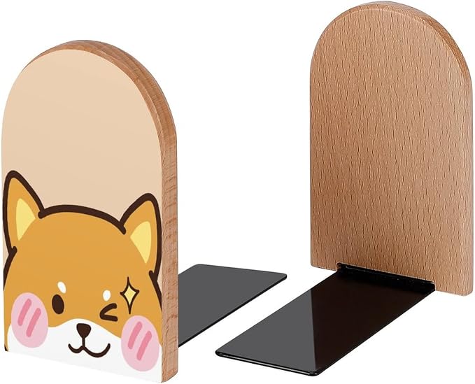 Kawaii Shiba Inu Face Book Ends Decorative Wood Bookends for Shelves Kids Room Desk Home Office Book Stoppers for Magazines,Books, DVDs, 1 Pair/2 Pieces(5x3.1 in)