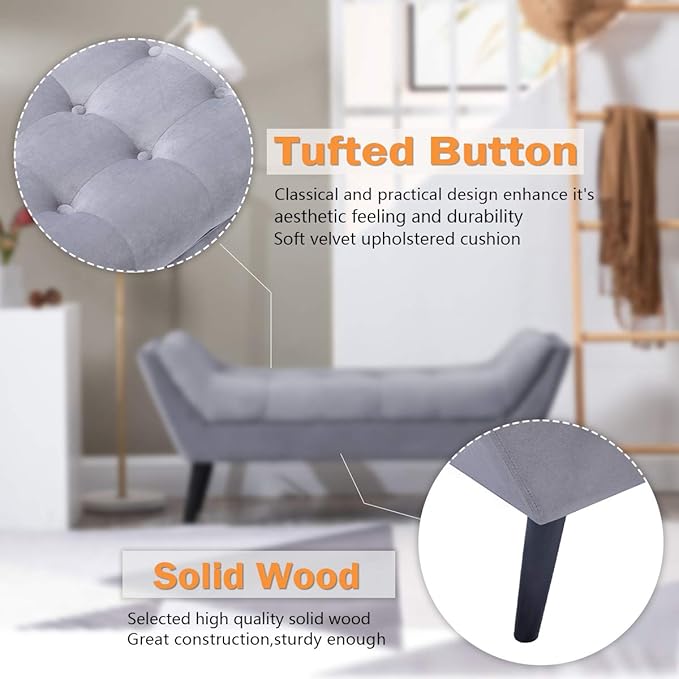 Alunaune Velvet Tufted Ottoman Bed Bench for Bedroom End of Bed Bench, Upholstered Entryway Bench Storage Ottoman Footstools with Wood Legs-2 Seater, Light Gray