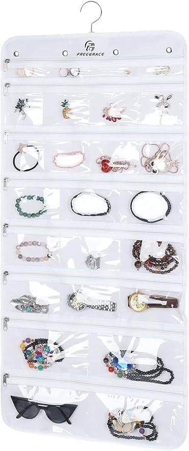 Freegrace Hanging Jewelry Organizer with Secure Zipper Closure - 360° Revolving Hanger, 25 Clear Pockets, 23 Necklace Hooks - Foldable Travel Storage & Closet Display (White)