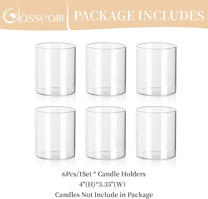 Glasseam Hurricane Glass Candle Holder Set of 6, Cylinder Clear Candle Holders for Pillar Candles, Modern Cylinder Vases for Floating Candles, Vases for Centerpiece Wedding Table Decorations, 4inch