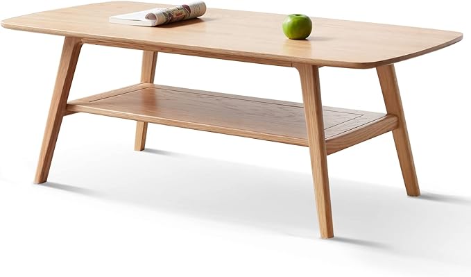 Modern Solid Oak Wood Coffee Table, 2-Tier Small Wooden Coffee Table with Storage Shelf for Living Room, Apartment, Office, Natural (32''D x 20''W x 18''H)