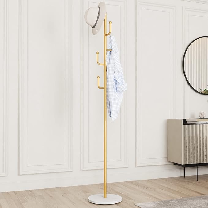 Gold Coat Rack, Free-standing Small Modern Coat Stand Tree with 6 Hooks, Marble Base, Hat & Coat Cactus Shape Hanger for Bedroom, Office, Metal Vintage, gold