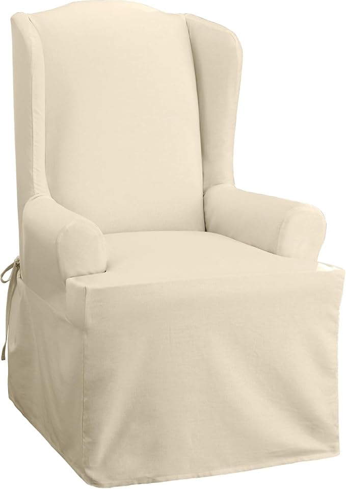 Sure Fit Home Décor Cotton Duck Solid T-Cushion Wing Chair One Piece Slipcover, Relaxed Woven Fit, 100% Cotton, Machine Washable, Natural Color