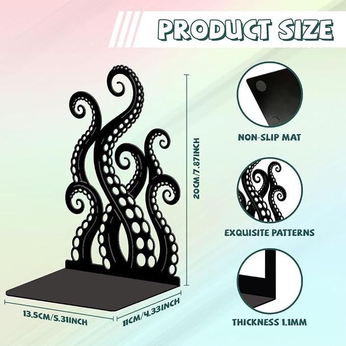 Peacoblue Metal Bookends for Shelves, Modern Decorative Heavy Duty Study Book Ends Stoppers for Office Desk Shelf, Room 5.3"x4.3"x7.9" Cast Iron Tall Bookends 1 Pair (Octopus and Ocean)