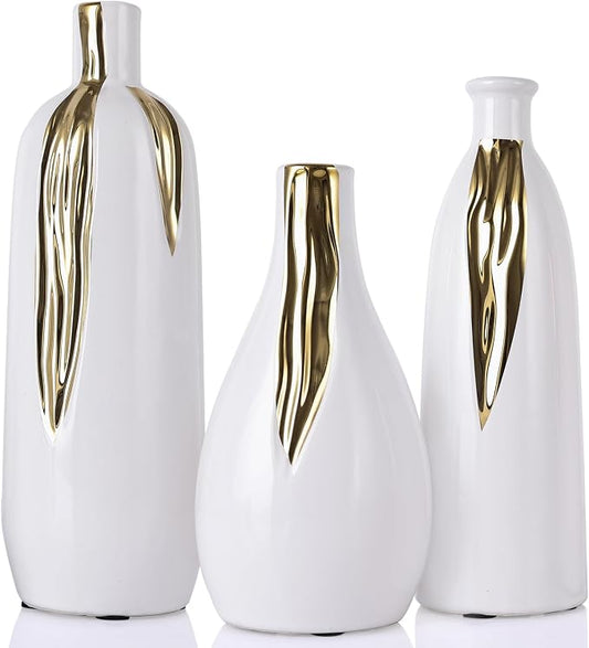 Ceramic Vase 3 Piece Set, White and Gold Vases for Home Decor, Decorative Vases for Mantel, Shelf and Entryway Decor, Dining Table Centerpieces, Living Rooms, Fireplaces and Kitchen Decor.