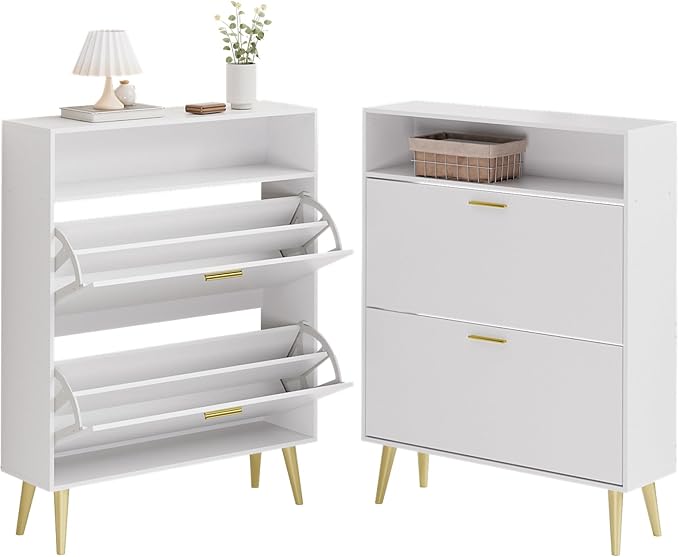 LYNSOM Shoe Cabinet, Free Standing Tipping Bucket Shoe Rack Organizer with 2 Flip Drawers, Modern Entryway Shoe Storage with Top Display, Narrow Slim Hidden Shoe Cabinet (White)
