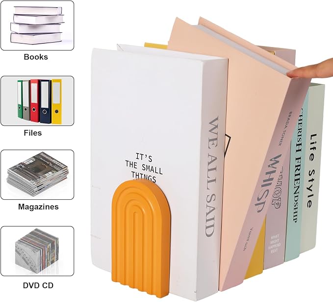 JarThenaAMCS 6Pcs Boho Arch Wood Bookends Colorful Book Stand Non Skid Decorative Rainbow Book Ends for Holding Books Movies CDs