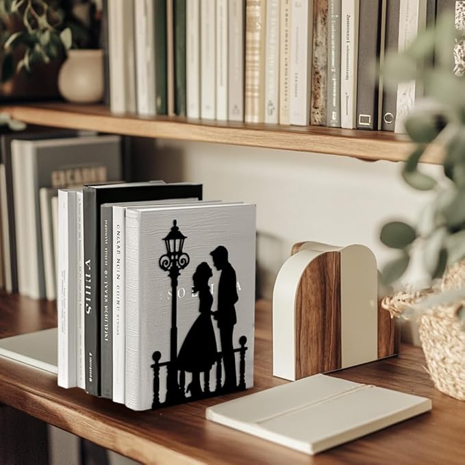 Peacoblue Metal Bookends for Shelves, Modern Decorative Heavy Duty Study Book Support Stoppers for Office, Desk, Shelf, Room 5.3"x4.3"x7.9" Cast Iron Bookends, 1 Pair (Men and Women Under Streetlight)
