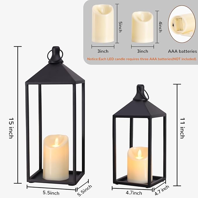 MATAHUM 2pcs Farmhouse Lantern Decor with LED Flickering Flameless Candles - Black Metal Lanterns Decorative for Home Decor, Fireplace Mantle or Table Centerpiece, Halloween Christmas Lantern Decor