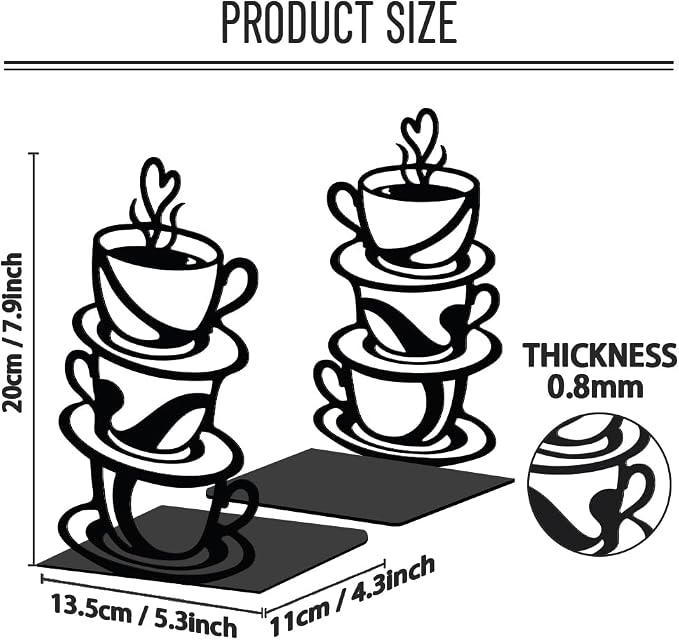 WADORN 1 Pair Coffee Cup Metal Decorative Bookend for Shelves, Heavy Duty Book Ends Non-Skid Books Holder Stand Black Book Support Stopper for Coffee Books Desk Bookshelf Office Home, 5.3x4.3x7.9 Inch