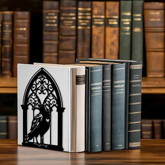 Peacoblue Metal Bookends for Shelves, Modern Decorative Heavy Duty Study Book Support Stoppers for Office, Desk, Shelf, Room 5.3"x4.3"x7.9" Cast Iron Simple Tall Bookends, 1 Pair (Gothic Crow)