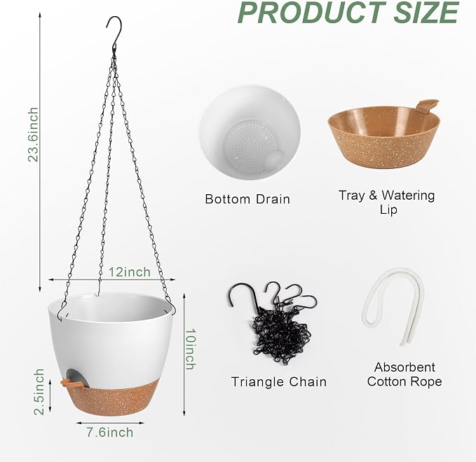 Vanslogreen Hanging Planters for Indoor Outdoor Plants, 1 Set Self Watering Hanging Pot with Drainage Holes & Removable Tray (White-12inch, 12'')