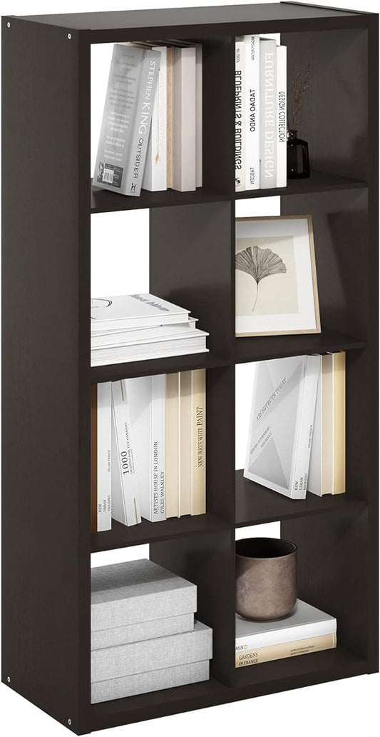 Furinno CUBICLE Book Shelf, 8-Cube Bookshelf, Extra Thick Frame Horizontally & Vertically Reversible Bookcase with Open Back, 14.6" x 30" x 58", for Living Room, Bedroom, Home Office, Black Dark Oak