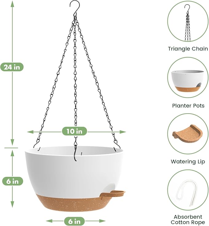 3 Pack 10 Hanging Flower Pots with Chains Self Watering Plastic Planters for Indoor Outdoor Plants, Sturdy Triangular Iron Chain Design for Garden PorchPlastic hanging flower pots (3, White-brown)