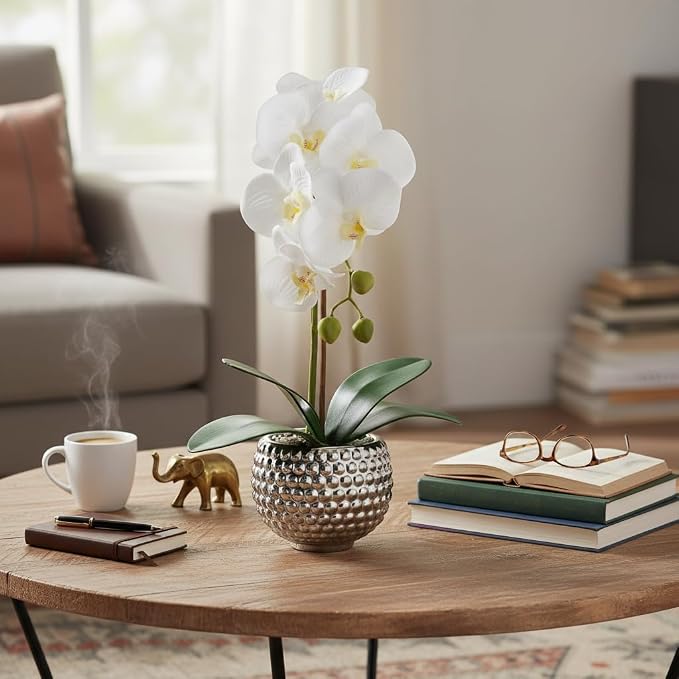 Fake Flowers with Vase, Large Orchids Artificial Flowers in Silver Pot Fake Orchid Fake Plant in Pots Artificial Flowers for Home Decor Indoor Table Centerpiece Bathroom Decoration
