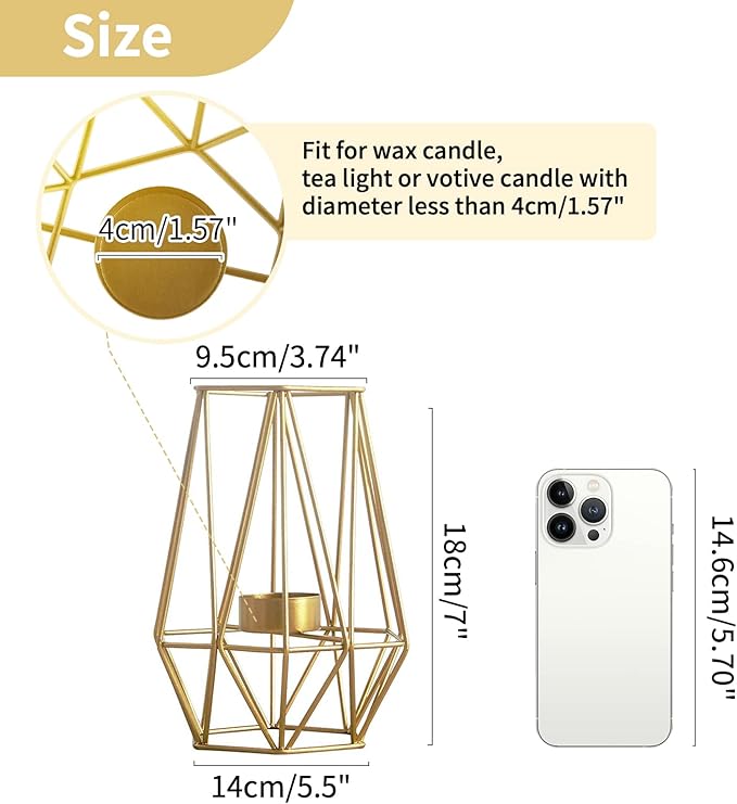 2 Pcs Metal Hexagon Shaped Geometric Design Tea Light Votive Candle Holders, Iron Hollow Tealight Candle Holders for Vintage Wedding Home Decoration, Gold (L + L)