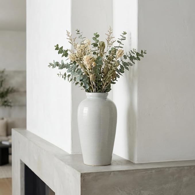 Large Modern Farmhouse Vase for Centerpieces, 11 Inch Tall Ceramic Vase - Glazed Textured Pottery Vases Home Decor, Side Table, Kitchen, Living Room Decor, Entryway, Mantel Decorations