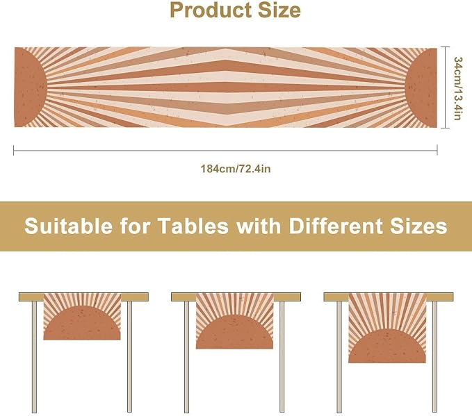 Retro Sunburst Table Runner, Boho Neutral Abstract Sunset Boho Art Table Decoration for Kitchen Dining Home Party Picnic, 13x36 Inch