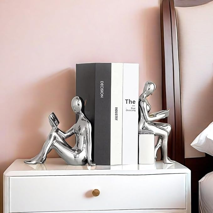 Decorative Bookends, Ceramic Book Ends for Shelves, Home Office Decor Aesthetic Book Stopper Reading Book Holders Statues for Bookshelf Bedroom Living Room Decoration (Silver)