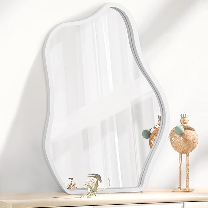 Wood Frame Hanging Mirror Asymmetrical Irregular Wall Mirror Unique Shape Modern Mirror Artistic Cloud Decorative Mirror for Living Room Bedroom Vanity Bathroom Entryway Hallway White