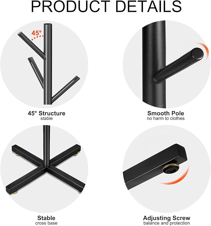 Snaikor Metal Coat Rack, Modern Coat Rack Freestanding, Sturdy Coat Tree Stand with Cross Base, Black Coat Racks Hall Tree for Clothes Jacket Hat Bag Entryway