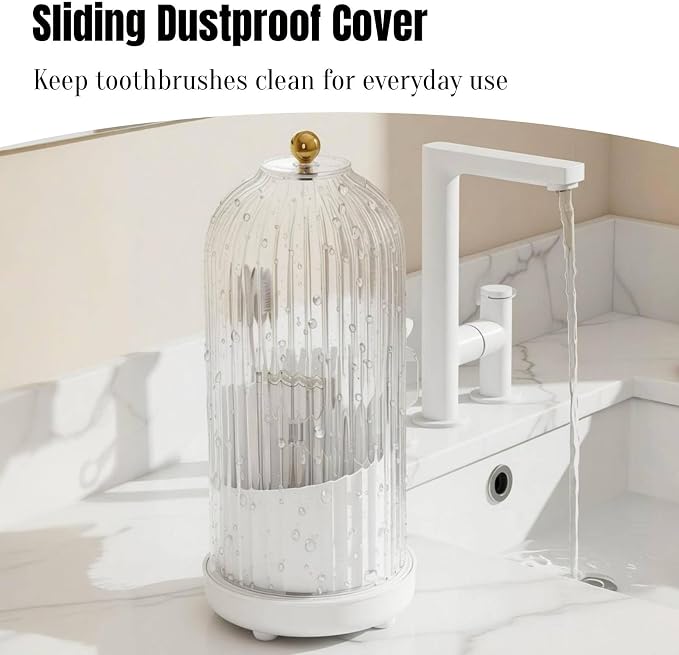 JEESA Dustproof Toothbrush Holder Organizer with Drainage, White | Sliding Door Cover, 360 Rotating, 3 Slots, Bathroom Countertop