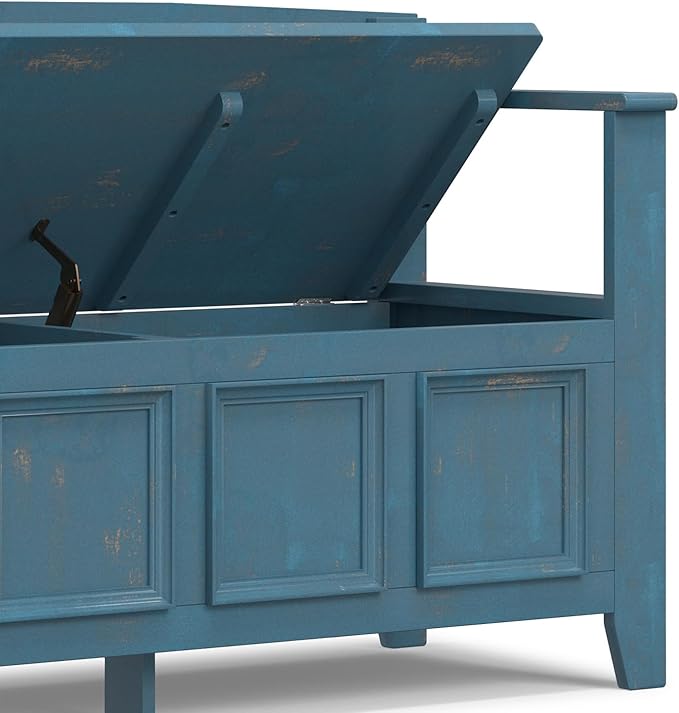 SIMPLIHOME Amherst Entryway Storage Bench - 48 inch Wide Solid Wood Hallway Seat in Distressed Coastal Blue, Transitional Bench for Entryway or Living Room with Lift-Up Lid and Spacious Storage
