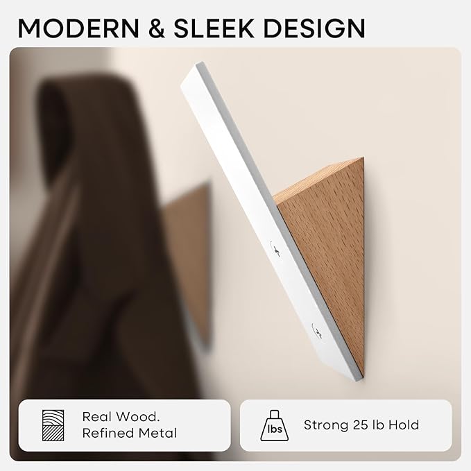 Homeforia Beech Wood Coat Hooks, High End Beech Wood & White Metal Wall Mounted Clothing Hooks, Mid-Century Modern Coat Hooks, Heavy Duty Wooden Hooks for Hanging Coats, Hats, Towels & More, Set of 4