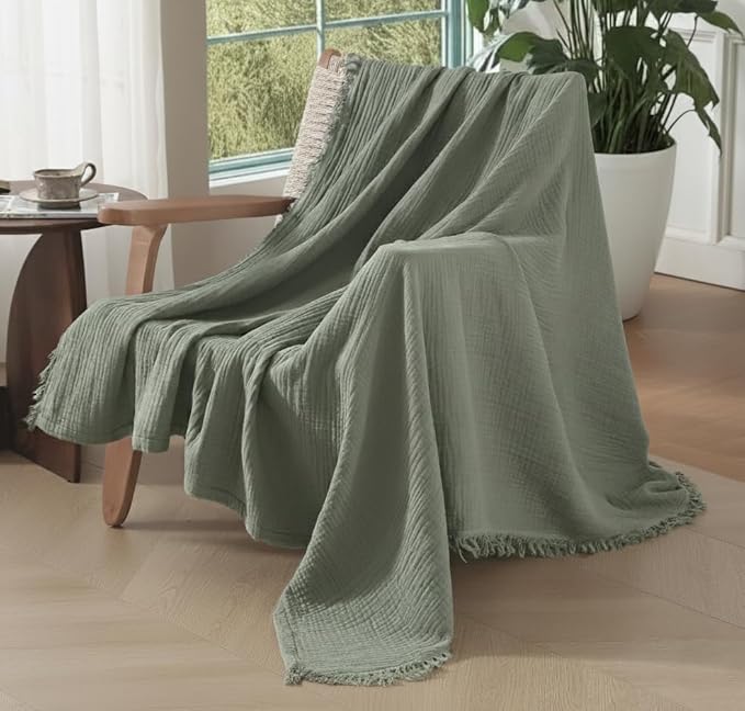 KyraHome 100% Organic Cotton Muslin Blankets for Adults, Couch,50"x60" Plant Dyed Breathable Lightweight Gauze Summer Throw Blankets, Travel, All Season, Sage Green