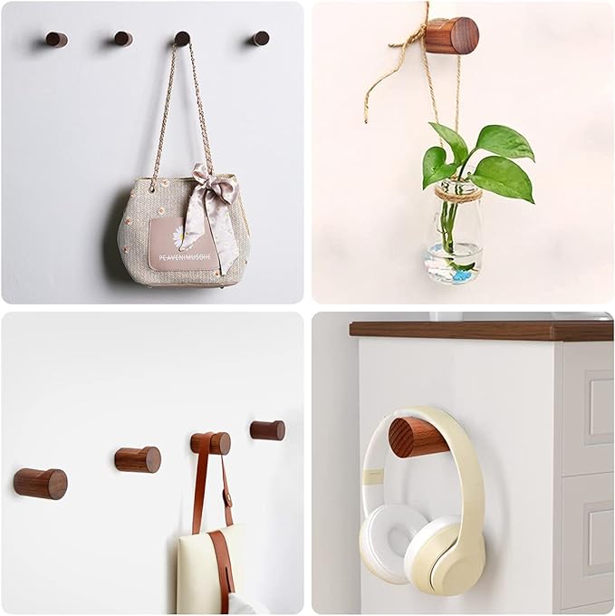 COCOYA Natural Wood Wall Hooks, 6Pack Minimalist Hat Hanger Easy Install Wall Mount Wooden Peg Knob Walnut Cute Simple Modern Small Room Decor, for Hanging Coat Towel Cap Bag Purses Jacket Backpack