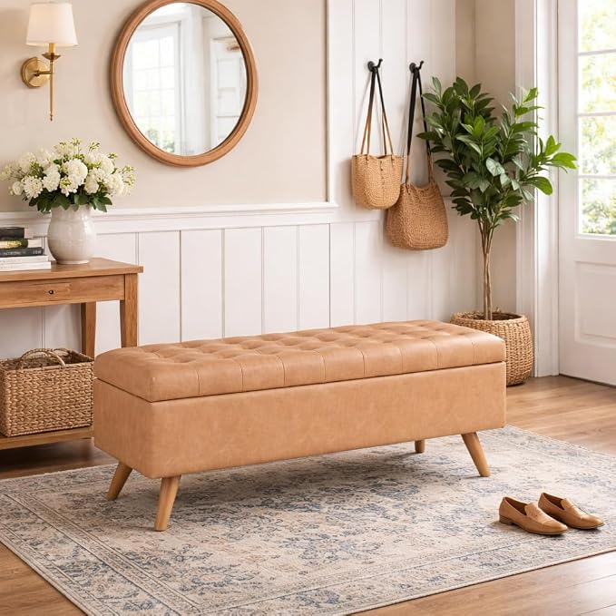 HomePop Modern Tufted Storage Bench - Sand Faux Leather