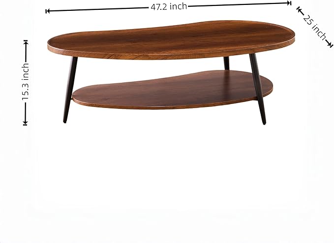 Shrine Mango-Shaped Wood Coffee Table, Mid-Century Modern Coffee Table, Brown Walnut Table for Living Room, D47.2''x W25''x H15.3'', Sleek Conical Metal Legs with Black Finish