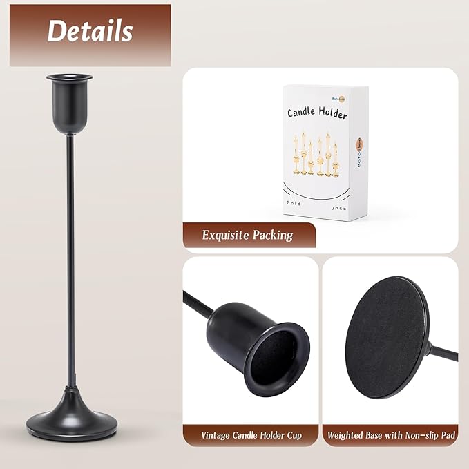 Black Taper Candle Holder 6 PCS Candlestick Holders, Vintage Candle Stick Holder, Modern Decorative Table Centerpiece, Cozy Atmosphere for Home Decor, Wedding, Candlelit Dinner Party