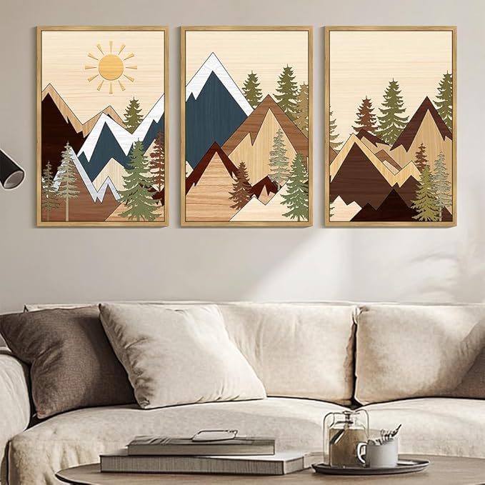 PHOPAGO Mountains Framed Wall Art Large 24x36in Morden Boho Woodcut Pine Tree Forest Nature Landscape Artwork Bohemain Farmhouse Bedroom Rustic Home Decor - Natural Framed