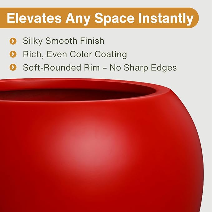 KUTE NEST 9.7"H x 12"D Premium Red Fiberstone Round Planter with Drainage Hole, Chinese & Lunar New Year Home Decor Pot, Smooth Finish, Weather Resistant Indoor & Outdoor, 2 Coco Mats (7.8" Opening)