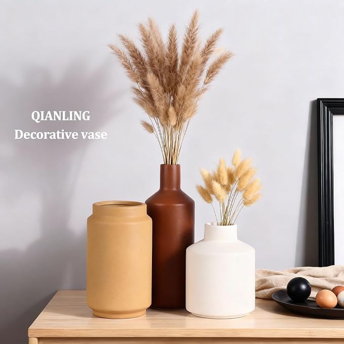 Ceramic Vase Set of 3 - Modern Neutral Vases Home Decor, Minimalism Decorative Vases, Boho Decor Small Flower Vase for Shelf, Dining Table Entryway Mantel Centerpiece Bookshelf Living Room Bathroom
