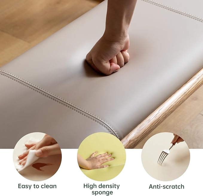 17.7'' Leather Upholstered Dining Ottoman with 100% Solid Oak Wood Ottoman Frame, Small Padded Foot Rest Stool Bench for Dining Kitchen Entryway, Champagne