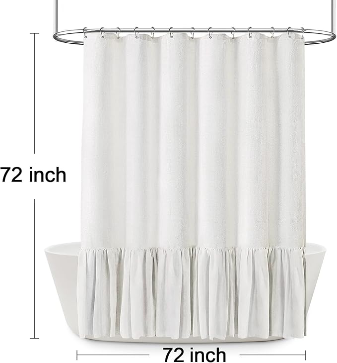 Farmhouse Shower Curtain with Ruffle Hem Linen White Shower Curtains for Bathroom Country Vintage Rustic Natural Fabric, 72" W x 72" L