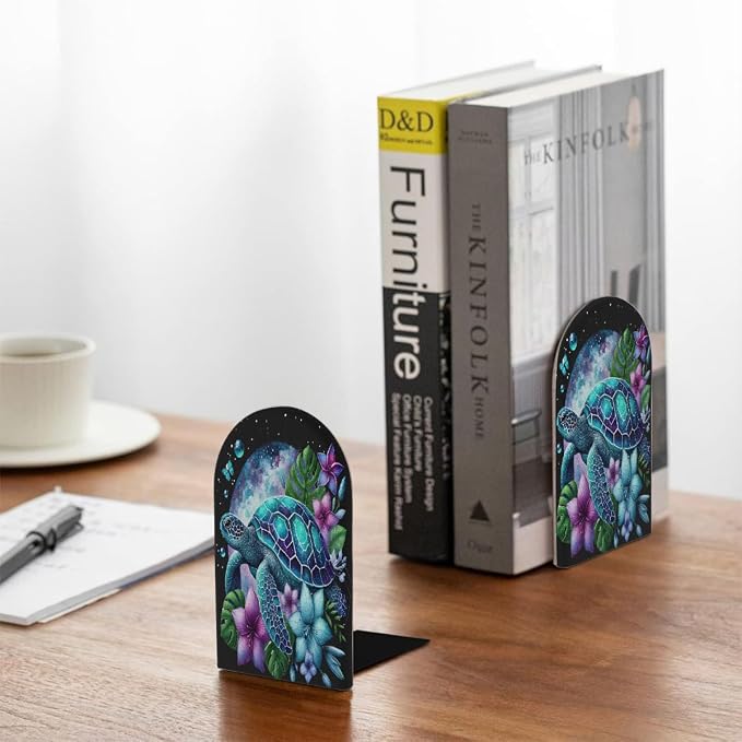 Galaxy Animal Turtle 2Pcs Book Ends for Shelves Non-Skid Wood Bookends Decorative Back to School Books Holders Book Stoppers Bookshelf Accessories for Desk Home Office School Decor (1 Pair)