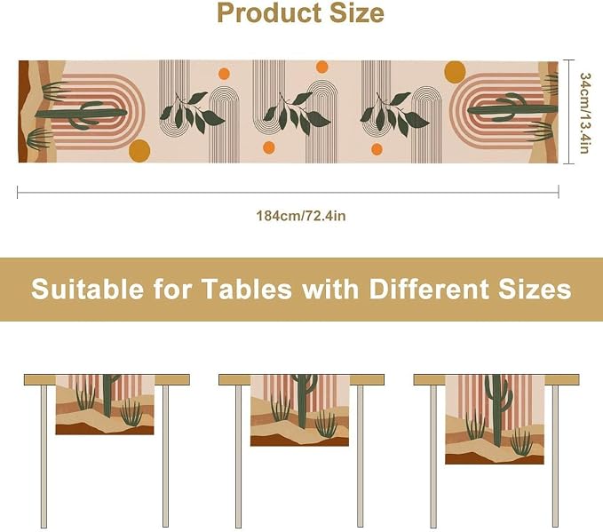 Mid Century Modern Table Runner, Boho Sun Tropical Desert Cactus Abstract Arch Print Table Runner for Kitchen Dining Home Party Birthday Decor, 13x90 Inch